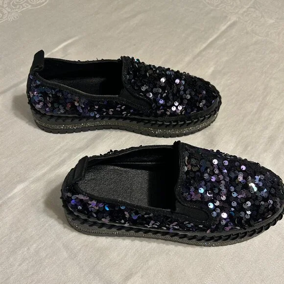 Black Iridescent Sequin Slip-On Platform Sneakers. - Picture 1 of 6
